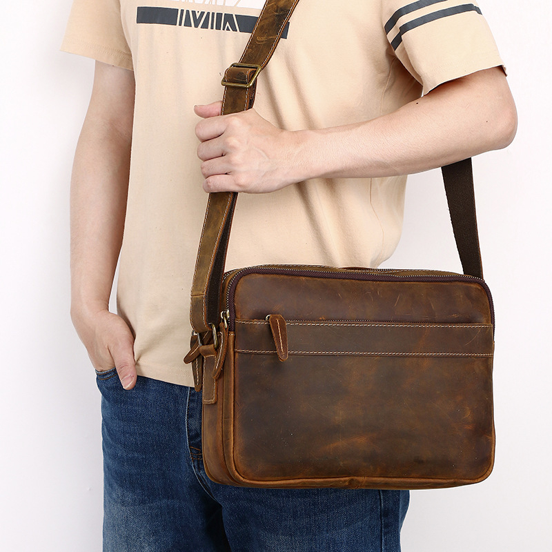 Muška crossbody torbica Crazy Horse kože, prava koža, retro stil, koža prvog sloja, s više pretinaca i zatvaračem, casual modni trend