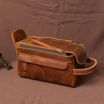 Új férfi bőr toalett neszesszer, Vintage Crazy Horse bőrrel, nagy kapacitású tároló – clutch stílusban