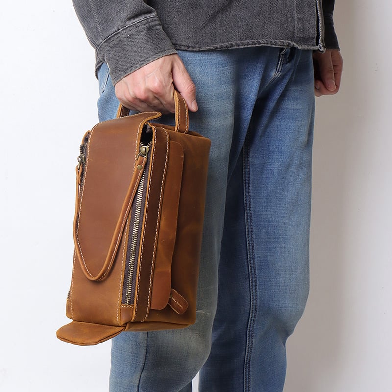 Új férfi bőr toalett neszesszer, Vintage Crazy Horse bőrrel, nagy kapacitású tároló – clutch stílusban