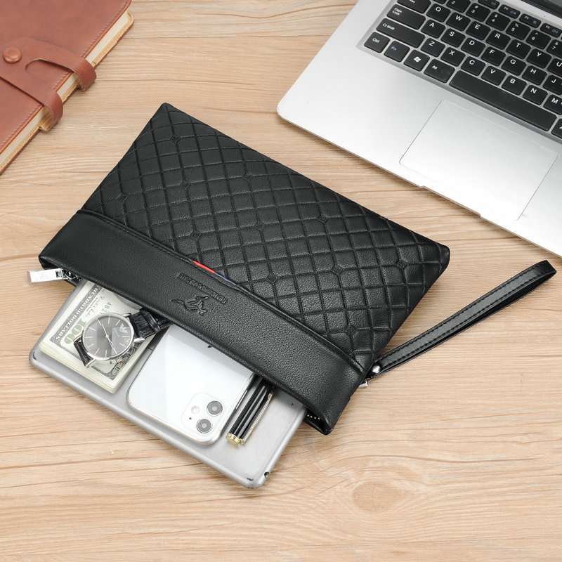 PU bőr férfi clutch táska üzleti és hétköznapi viseletre, dombornyomott geometrikus minta, vízszintes négyszögletes forma, cipzáras záródás, belső cipzáras zseb és kártyatartók, egy vállpánt, vízálló, 7,9 hüvelykes laptophoz