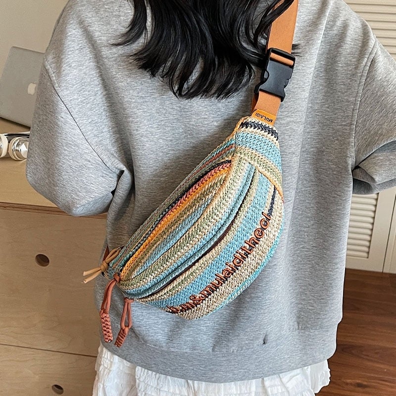 Duhovita pletena crossbody torba – ljeto 2025, ženska torba za plažu