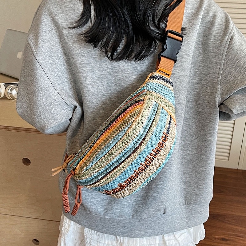 Duhovita pletena crossbody torba – ljeto 2025, ženska torba za plažu