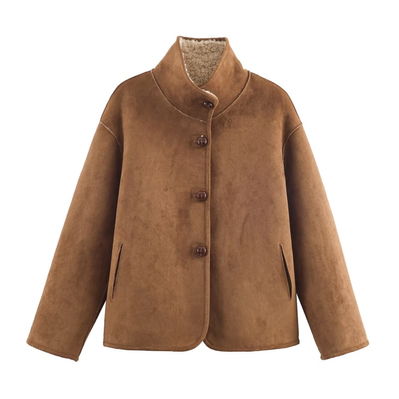 Pb&Za Palton reversibil pentru femei din blană teddy, guler înalt, mâneci lungi