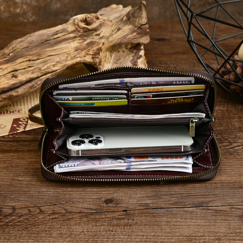 Nova muška kožna clutch torba s gornjim slojem teleće kože, retro stil, sa zatvaračem, pretincima za kartice i džepom za kovanice