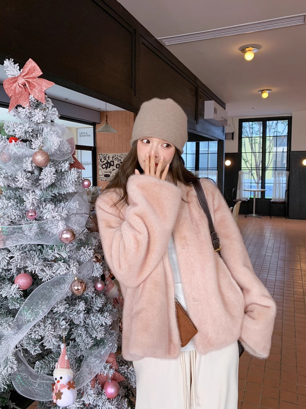 Ružičasti kratki ženski kaput od ekološke faux krzna, zimski stil, korejski stil