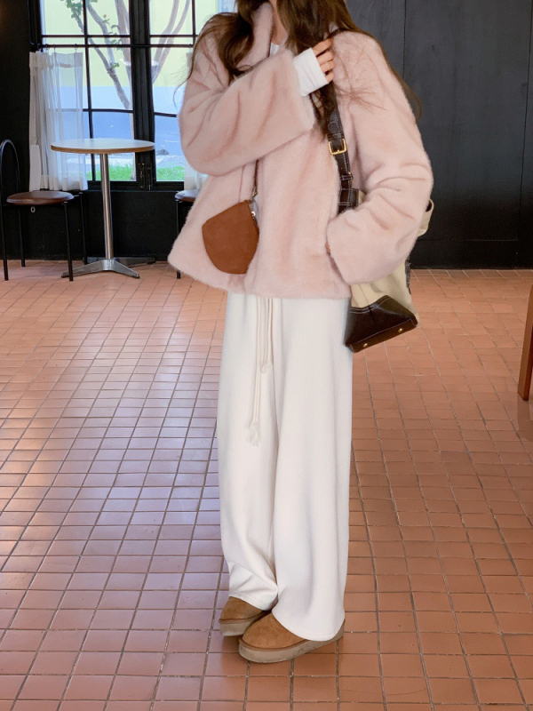 Ružičasti kratki ženski kaput od ekološke faux krzna, zimski stil, korejski stil