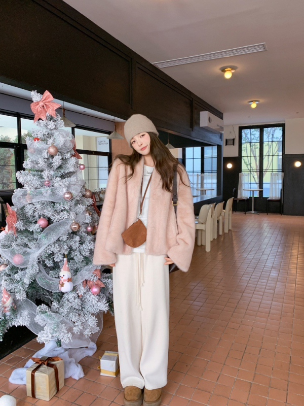 Ružičasti kratki ženski kaput od ekološke faux krzna, zimski stil, korejski stil