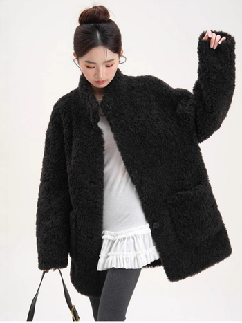 Korejskog stila ženski kaput od vune, s shearling detaljem, srednje dužine za jesen-zimu, s uspravnim ovratnikom