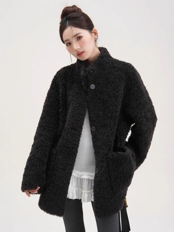 Korejskog stila ženski kaput od vune, s shearling detaljem, srednje dužine za jesen-zimu, s uspravnim ovratnikom