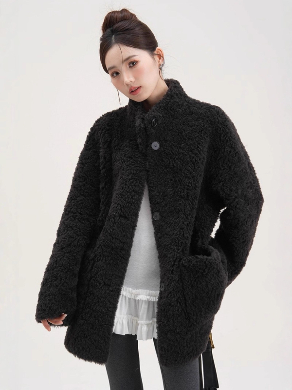 Korejskog stila ženski kaput od vune, s shearling detaljem, srednje dužine za jesen-zimu, s uspravnim ovratnikom
