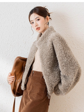 2025 zimska ženska jakna od vune s shearling krznom, kratka duljina, stojeći ovratnik, korejsko-japanski ležerni stil