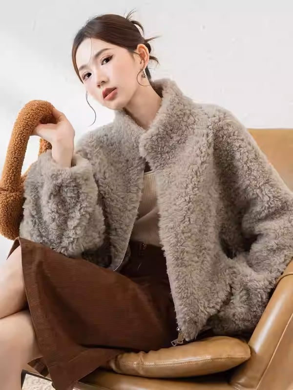 2025 zimska ženska jakna od vune s shearling krznom, kratka duljina, stojeći ovratnik, korejsko-japanski ležerni stil