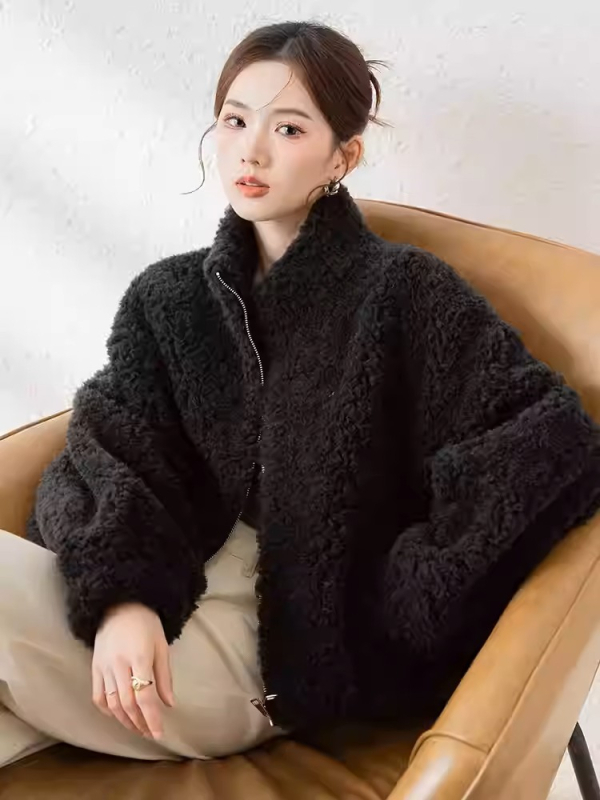 2025 zimska ženska jakna od vune s shearling krznom, kratka duljina, stojeći ovratnik, korejsko-japanski ležerni stil