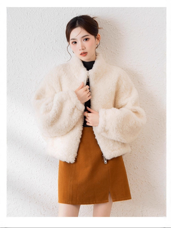 2025 zimska ženska jakna od vune s shearling krznom, kratka duljina, stojeći ovratnik, korejsko-japanski ležerni stil