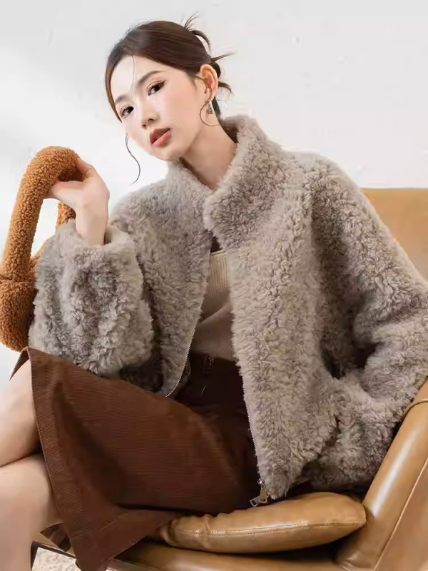 2025 zimska ženska jakna od vune s shearling krznom, kratka duljina, stojeći ovratnik, korejsko-japanski ležerni stil