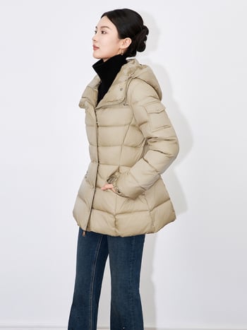 Ženski kaput s kapuljom, 90% bijelog patka down, slim fit, srednja duljina