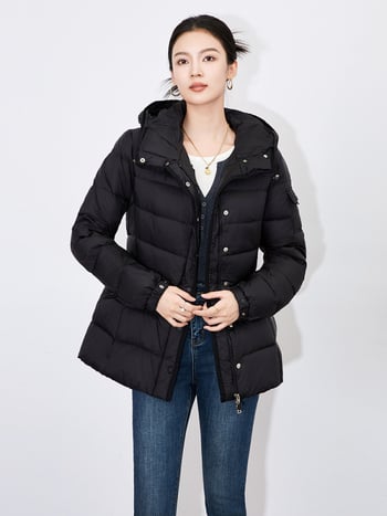 Ženski kaput s kapuljom, 90% bijelog patka down, slim fit, srednja duljina