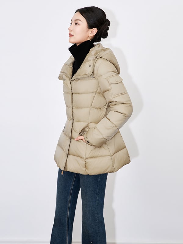 Ženski kaput s kapuljom, 90% bijelog patka down, slim fit, srednja duljina
