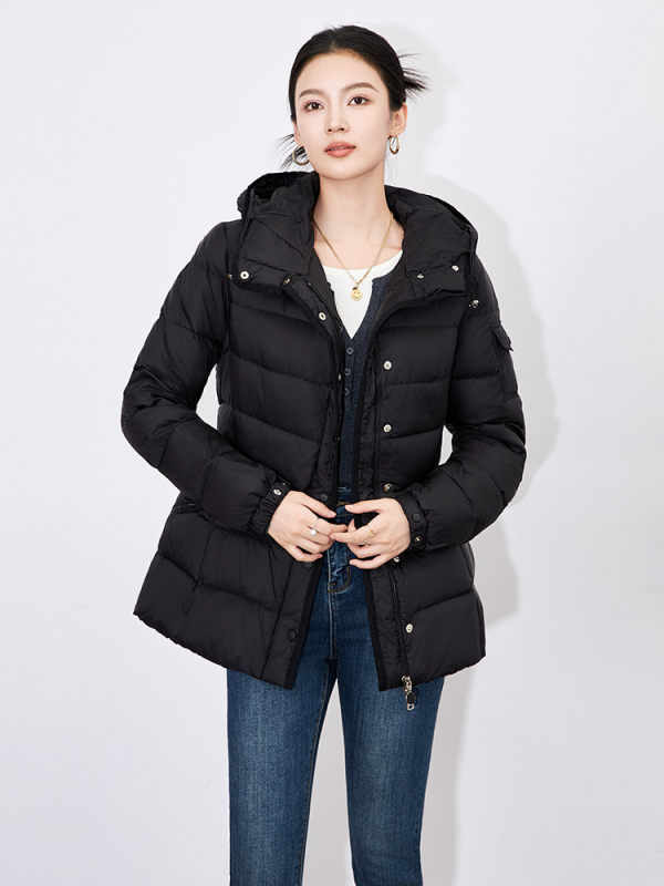 Ženski kaput s kapuljom, 90% bijelog patka down, slim fit, srednja duljina