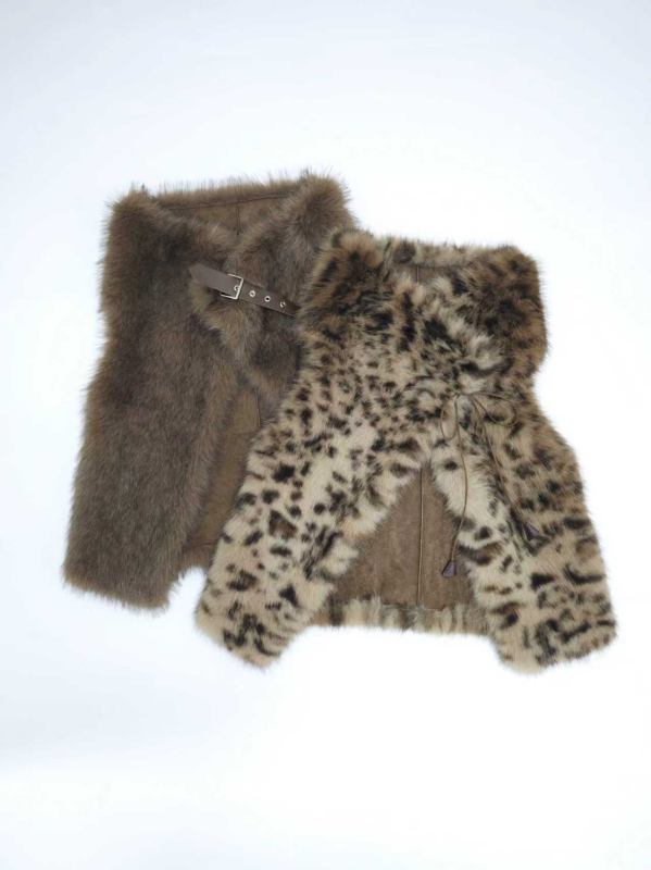 Gilet od umjetnog krzna, bez rukava, ekološki prihvatljiv, u boji sive-kave ili leopard uzorka