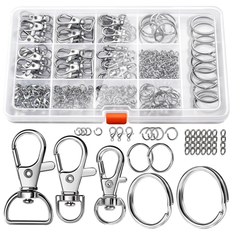 Set de 265 piese: cleme metalice pentru chei, lanțuri pentru chei, închizători tip homar și accesorii pentru genți