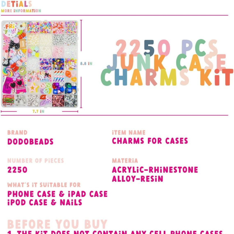 Set de accesorii DIY pentru bijuterii, 2250 de piese: pandantive pentru telefon, pandantive cu funda, pandantive pentru unghii și litere