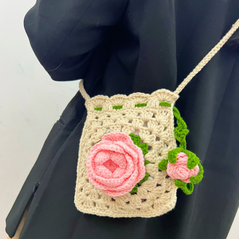 Kukičana torbica od pređe s motivima ruže i kamelije, dječja torbica za telefon, crossbody, mala veličina, 2025 novi model