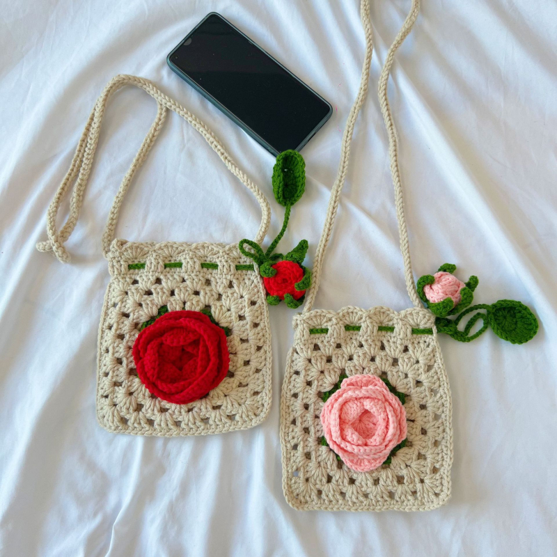 Kukičana torbica od pređe s motivima ruže i kamelije, dječja torbica za telefon, crossbody, mala veličina, 2025 novi model
