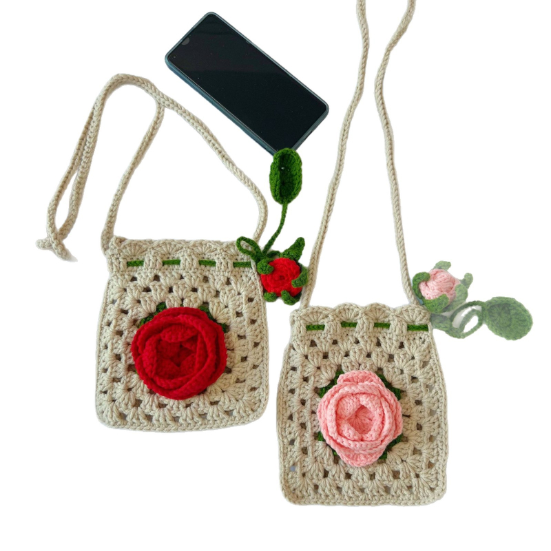 Kukičana torbica od pređe s motivima ruže i kamelije, dječja torbica za telefon, crossbody, mala veličina, 2025 novi model