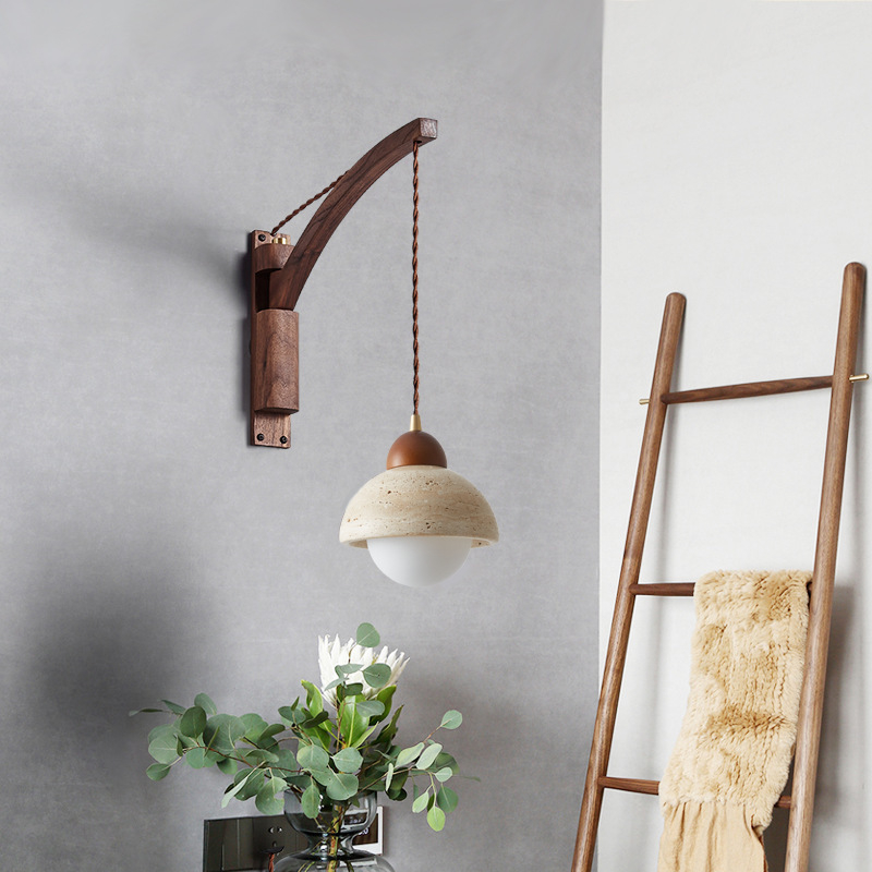 Stenska lampa u japanskom stilu Wabi-Sabi za spavaću sobu, nordijska masivna drvena konstrukcija, prekidač, rotirajući teleskopni dugi rameni