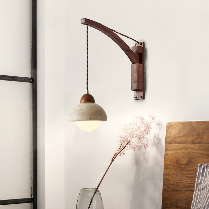 Stenska lampa u japanskom stilu Wabi-Sabi za spavaću sobu, nordijska masivna drvena konstrukcija, prekidač, rotirajući teleskopni dugi rameni