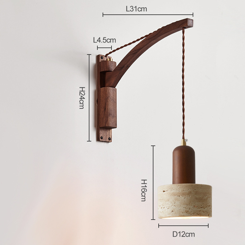 Stenska lampa u japanskom stilu Wabi-Sabi za spavaću sobu, nordijska masivna drvena konstrukcija, prekidač, rotirajući teleskopni dugi rameni
