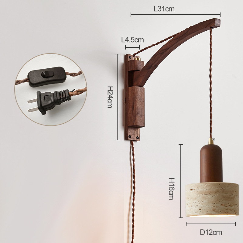 Stenska lampa u japanskom stilu Wabi-Sabi za spavaću sobu, nordijska masivna drvena konstrukcija, prekidač, rotirajući teleskopni dugi rameni