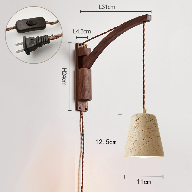 Stenska lampa u japanskom stilu Wabi-Sabi za spavaću sobu, nordijska masivna drvena konstrukcija, prekidač, rotirajući teleskopni dugi rameni