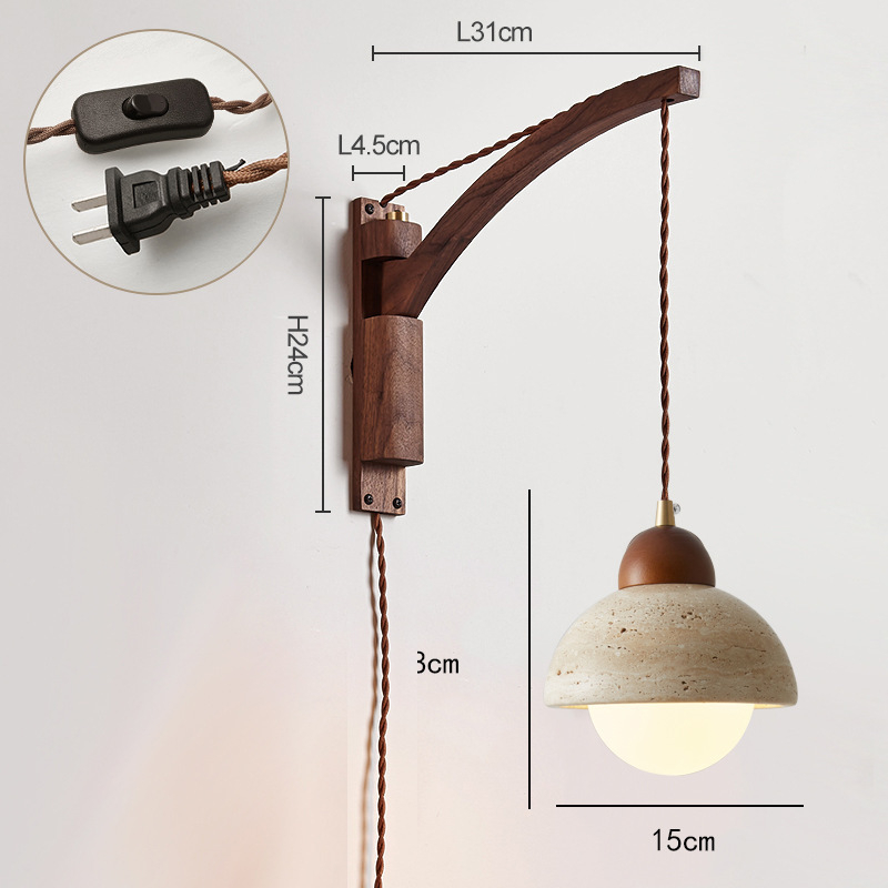 Stenska lampa u japanskom stilu Wabi-Sabi za spavaću sobu, nordijska masivna drvena konstrukcija, prekidač, rotirajući teleskopni dugi rameni