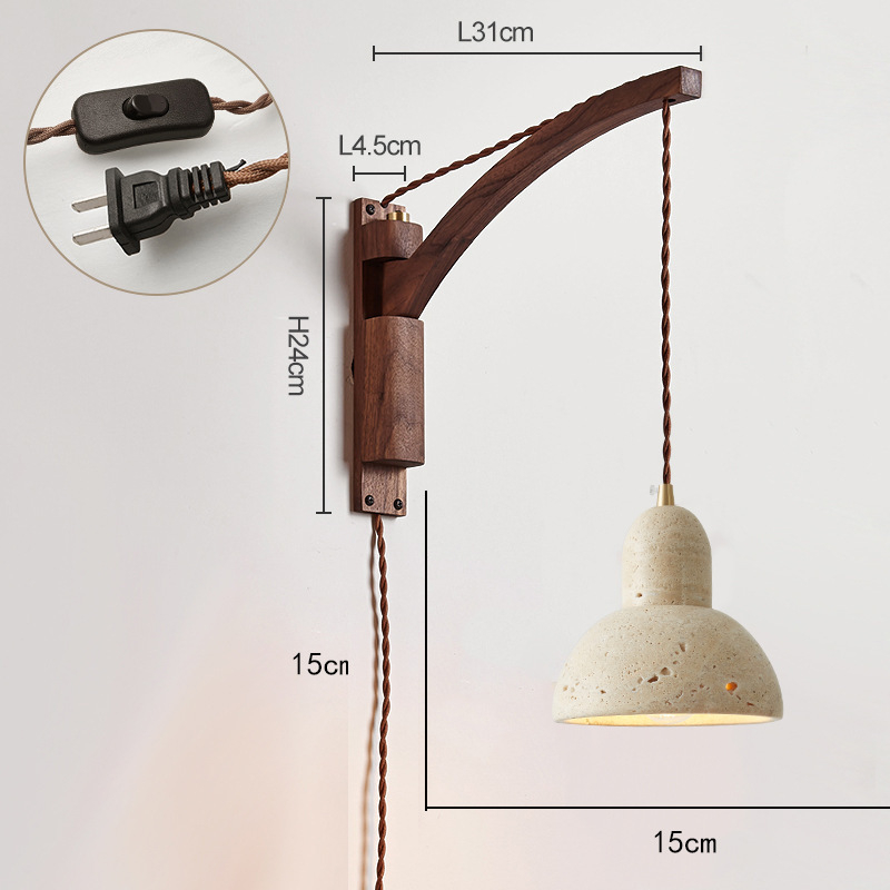 Stenska lampa u japanskom stilu Wabi-Sabi za spavaću sobu, nordijska masivna drvena konstrukcija, prekidač, rotirajući teleskopni dugi rameni