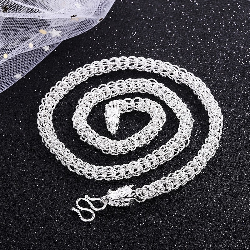 Ogrlica s motivom zmaja od S999 srebra, s premazom srebra, unisex, bambus lanac