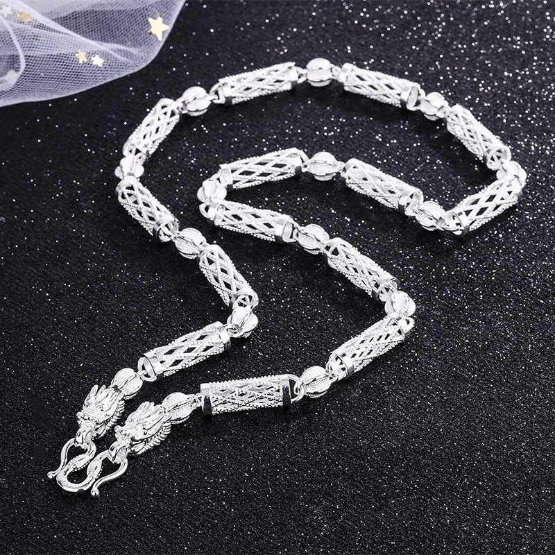 Ogrlica s motivom zmaja od S999 srebra, s premazom srebra, unisex, bambus lanac