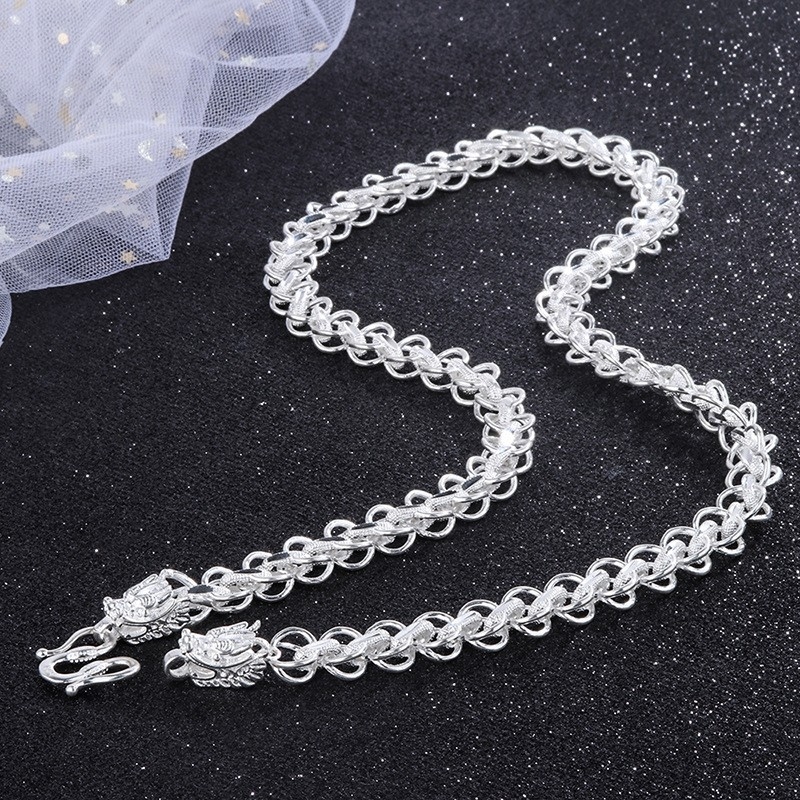 Ogrlica s motivom zmaja od S999 srebra, s premazom srebra, unisex, bambus lanac