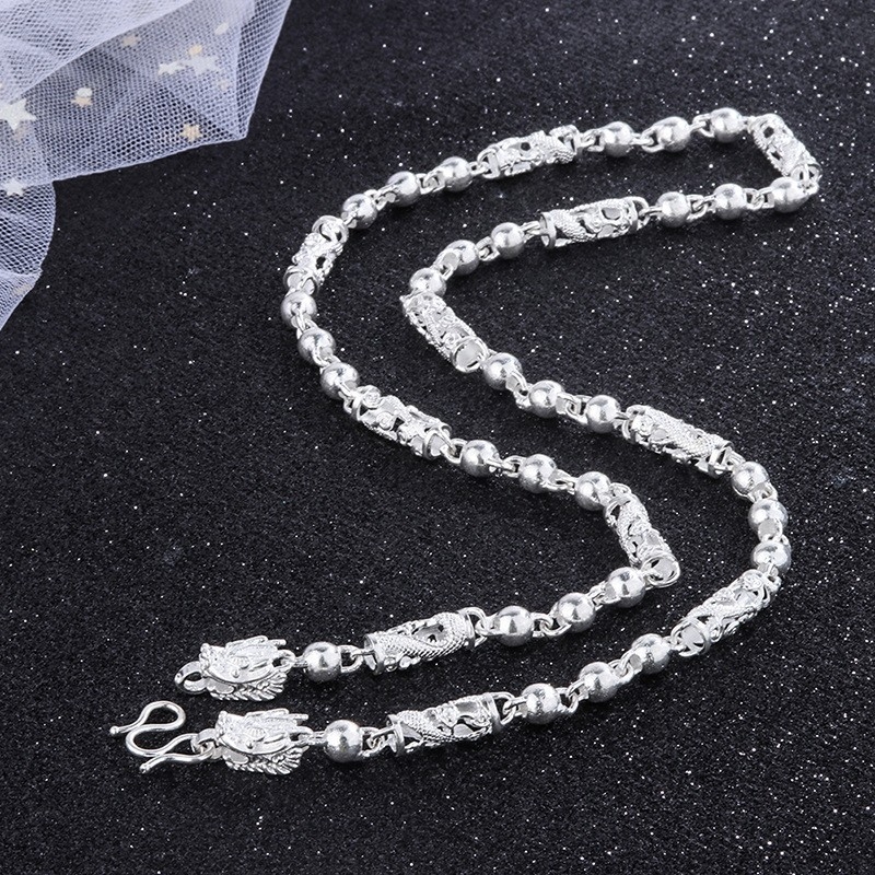 Ogrlica s motivom zmaja od S999 srebra, s premazom srebra, unisex, bambus lanac