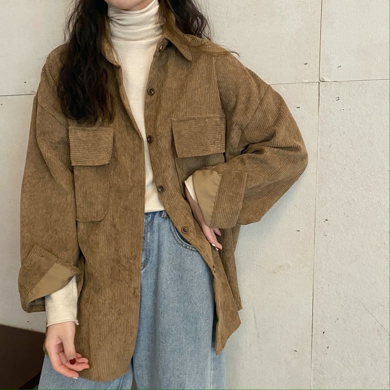Ženska corduroy jakna, retro proljeće-jesenski stil, korejski stil, ležerni kroj, dugi rukavi