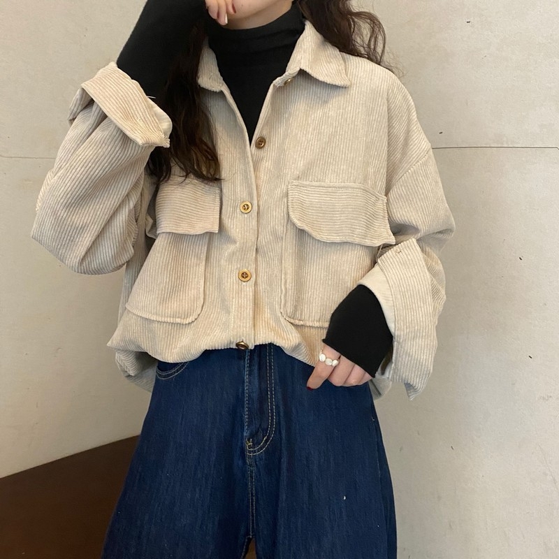 Ženska corduroy jakna, retro proljeće-jesenski stil, korejski stil, ležerni kroj, dugi rukavi