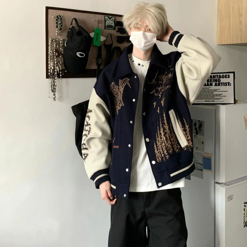 Női lazán szabott, hímzett baseballdzseki amerikai stílusú, retro streetwear tavasz–őszre.