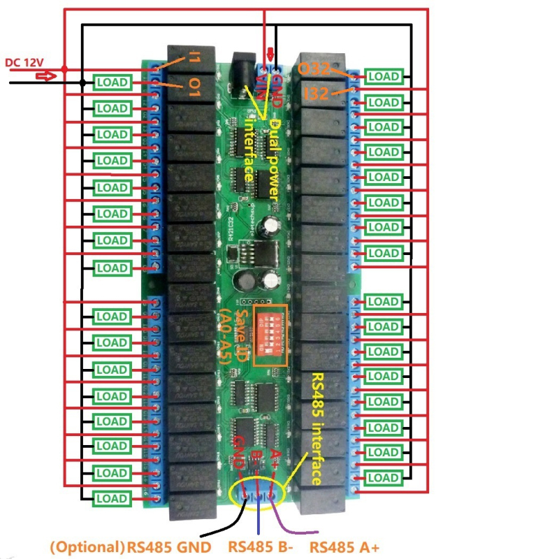 12V 32-kanalni RS485 relej, Modbus RTU protokol, serijski port za daljinsko upravljanje, PLC upravljačka ploča