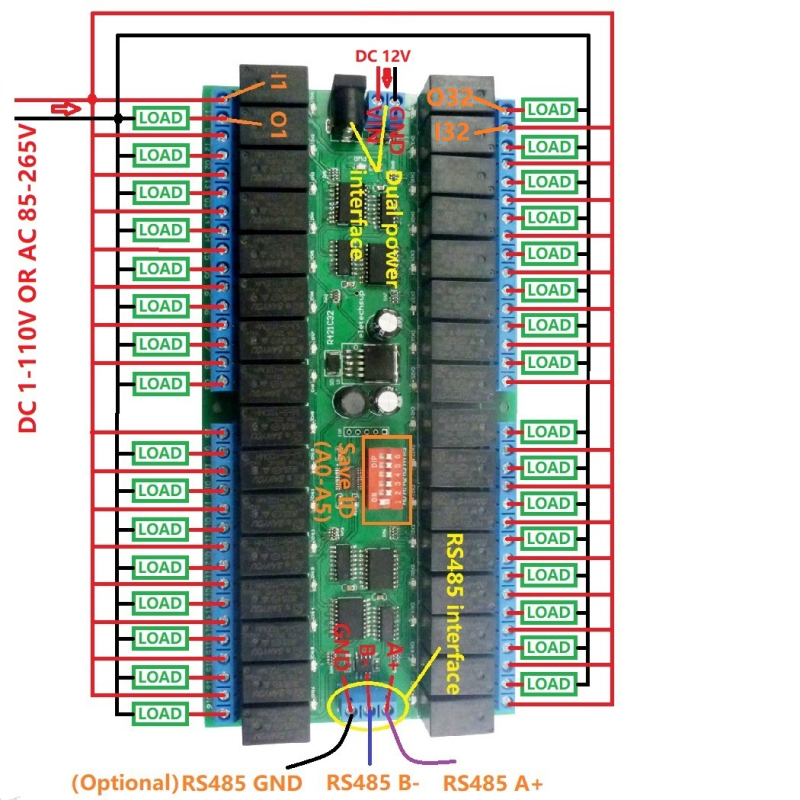 12V 32-kanalni RS485 relej, Modbus RTU protokol, serijski port za daljinsko upravljanje, PLC upravljačka ploča