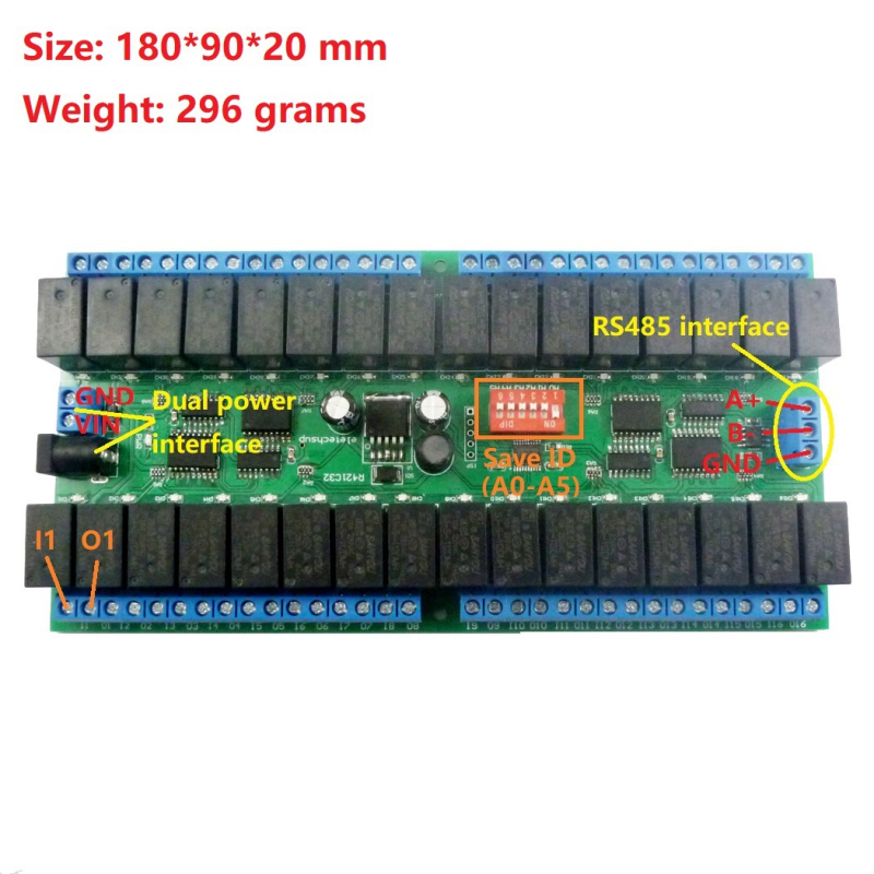 12V 32-kanalni RS485 relej, Modbus RTU protokol, serijski port za daljinsko upravljanje, PLC upravljačka ploča