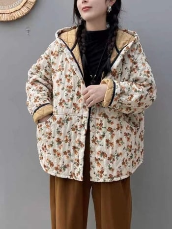 Palton scurt din bumbac cu glugă, imprimeu floral Mori, croială lejeră, cald și drăguț