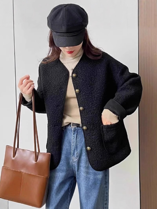 Ženska kratka jakna s integriranim krznom, tweed stil, 2025 proljeće/jesen, široka silueta