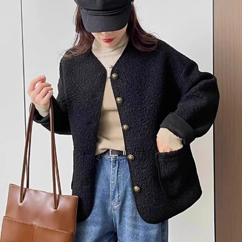 Ženska kratka jakna s integriranim krznom, tweed stil, 2025 proljeće/jesen, široka silueta