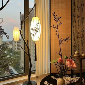 Podna svjetiljka s estetikom Song dinastije, moderni kineski stil, zen inspirirana čajna soba i radna soba, grana oblik lampe s listovima bambusa.